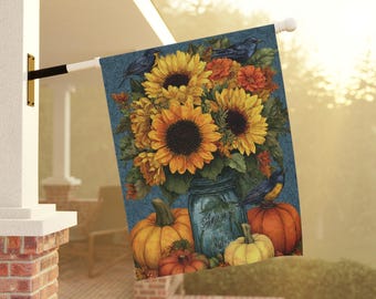 Bandera rústica de jardín otoñal con girasoles, bandera de porche con calabaza otoñal, arte otoñal para jardín, decoración floral de Acción de Gracias, decoración rústica otoñal para jardín.