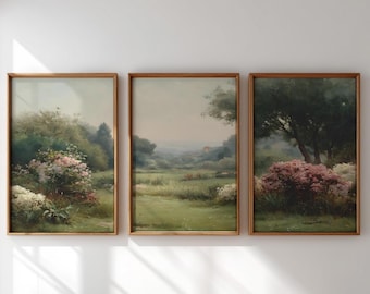 Vintage Pastoral Landscape 3 Piece Wall Art, Triptych Wall Art Set of 3 Botanical Prints, Downloadable Country Decor, Printable Art 109