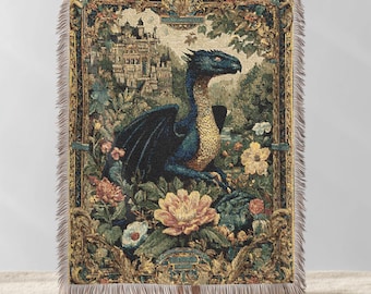 Vintage Medieval Dragon Woven Blanket - Cottagecore Cotton Throw , Dark Academia Throw Tapestry Blanket, Renaissance Home Decor