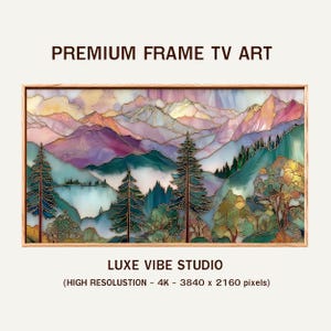 Jewel-tone landscape artwork for gallery wall — stunning stained-glass mountain peaks and reflective waters in tranquil colors.