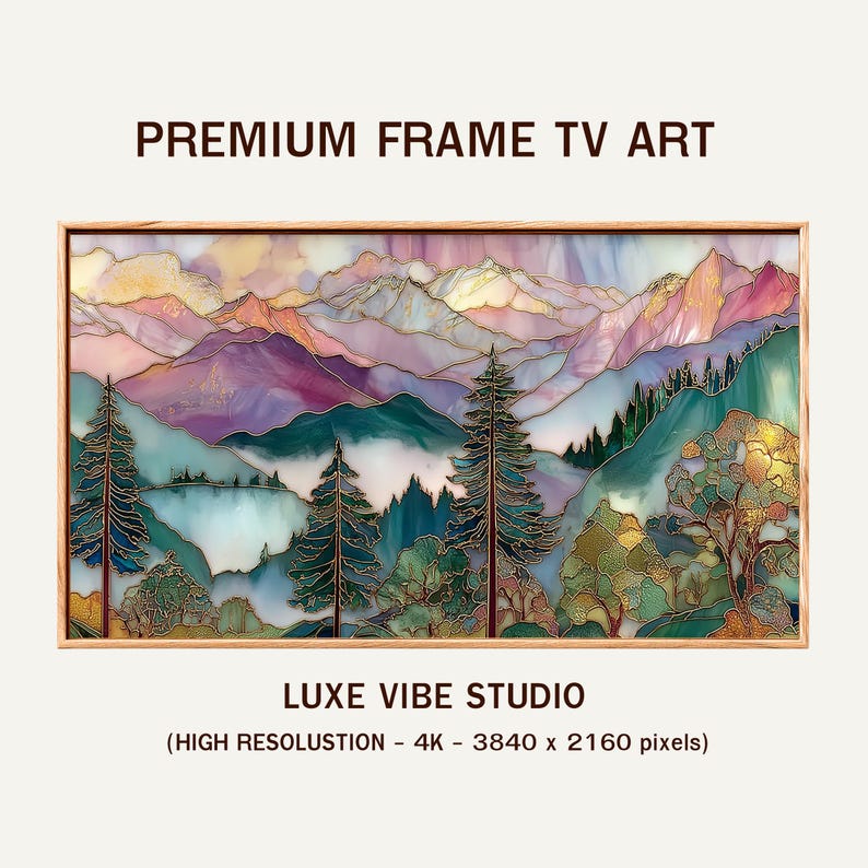 Jewel-tone landscape artwork for gallery wall — stunning stained-glass mountain peaks and reflective waters in tranquil colors.