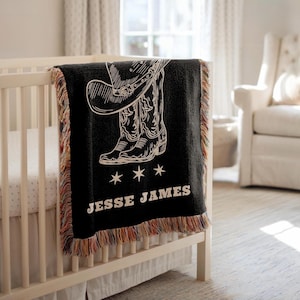 Gepersonaliseerde cowboy geweven babydeken, vintage westerncowboydeken Heirloom babydeken pasgeboren naamdeken Custom babynaamtapijt