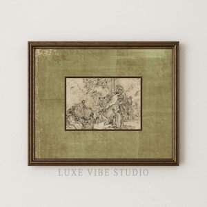 Puede incluir: Una impresión enmarcada con un grabado en sepia de una escena religiosa. La obra de arte está enmarcada en un marco dorado y un passe-partout verde oliva texturizado. El texto "LUXE VIBE STUDIO" está impreso en la parte inferior del marco.