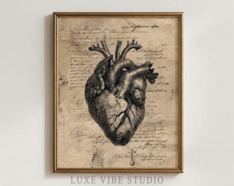 Gothic Anatomical Heart Sketch - Vintage Medical Wall Art, Moody & Creepy Decor, Charcoal Drawing on Sepia, Printable Art Download 919