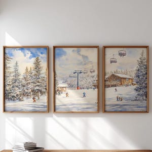 Tríptico de pared con tema de estación de esquí invernal, conjunto de 3 piezas: chalet alpino y pista, impresiones descargables en acuarela de estilo vintage, decoración rústica invernal 77