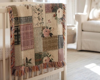 Farmhouse Patchwork Autumn Woven Blanket, Shabby Chic Cottagecore Wall Tapestry, Baby Girl Throw Grandmillenial patchwork Farmhouse decor