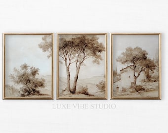 Vintage Rustic Triptych Wall Art, 3 Piece Pastoral Countryside Prints, Cottagecore Watercolor Landscape Decor, Downloadable Prints 90