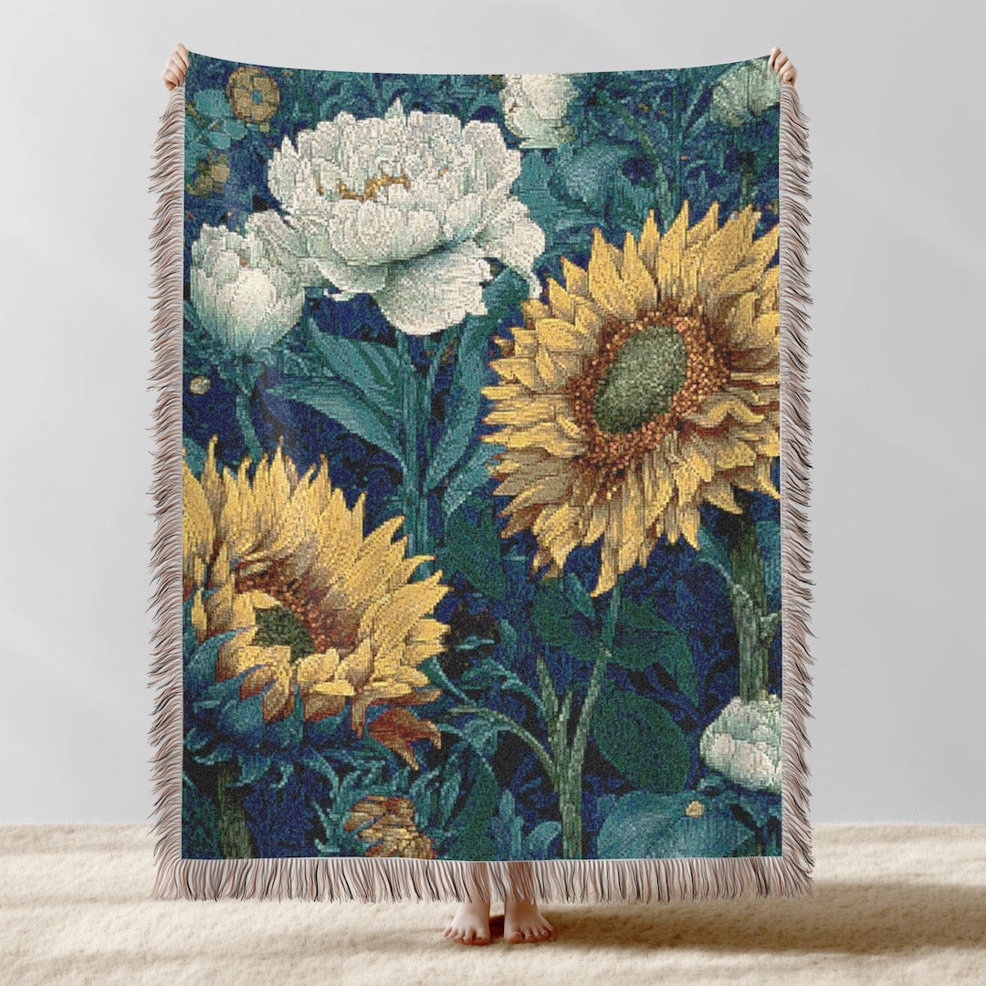 Vintage Botanical Woven Blanket Sunflower Peony Tapestry Wall