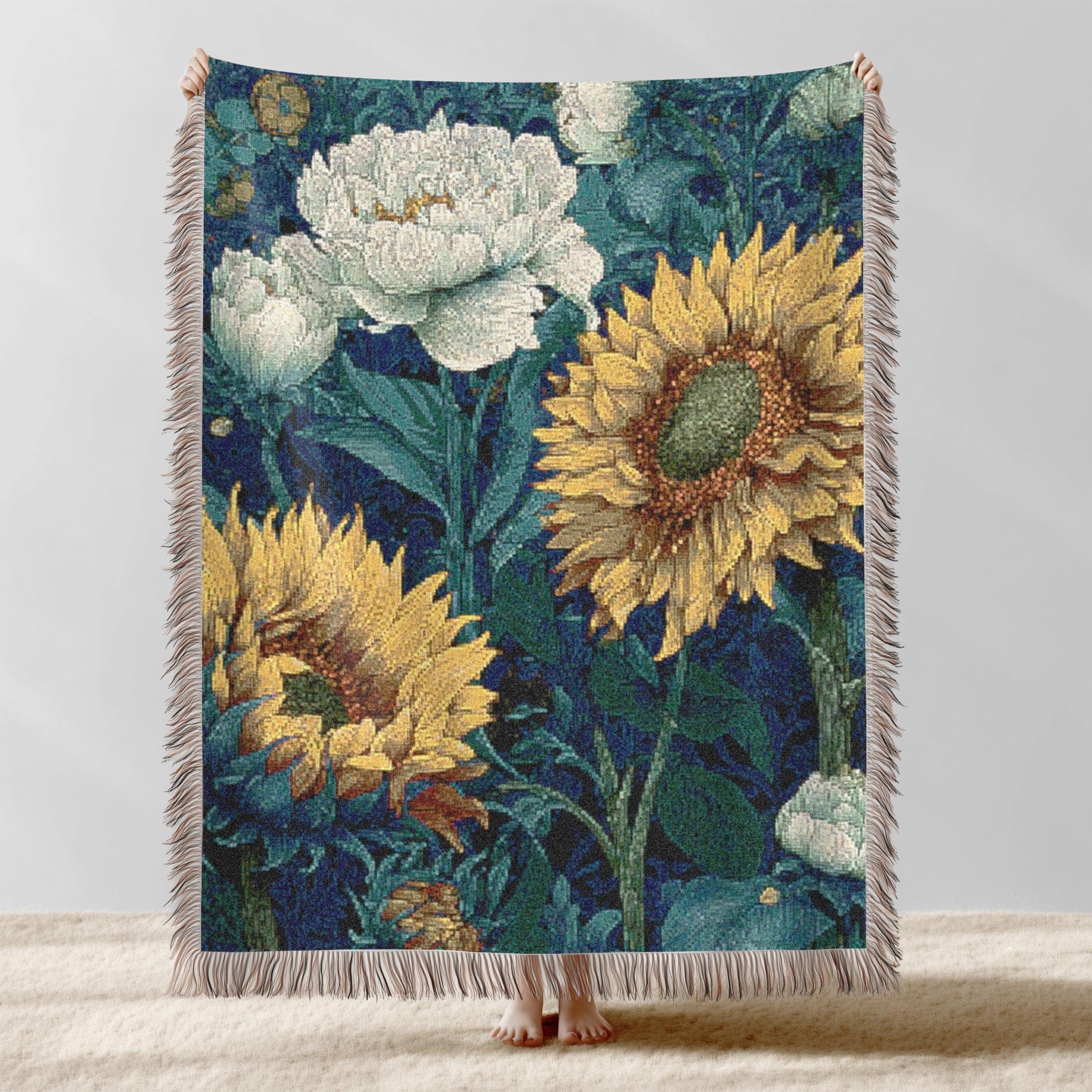 Vintage Botanical Woven Blanket Sunflower Peony Tapestry Wall