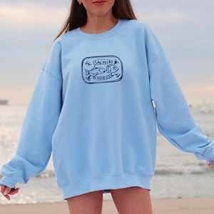 Retro Sardine Tin Coastal Sweatshirt Coastal Aesthetic Fish Shirt Preppy Summer Travel Sweatshirt for women Sardine Nautical Crewneck