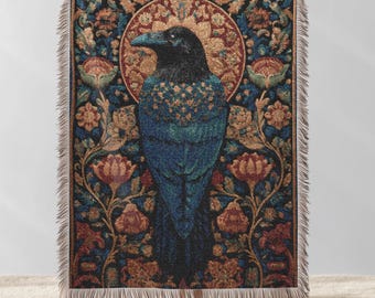 Medieval Raven Woven Blanket, Crow Cottagecore Tapestry Throw, Mythical Home Decor, Dark Academia Cotton Bed Cover, Fantasy Lover Gift
