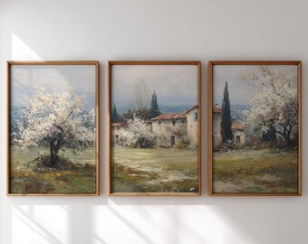 French Farmhouse Triptych Wall Art, Romantic Pastoral Spring