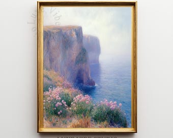 Coastal Cliff Landscape Printable Wall Art, Moody Ocean Painting Download, Impressionist Seascape Decor, Vintage Coastal Art 560