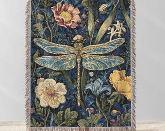 Couverture tissée libellule, tapisserie murale inspirée de William Morris, couverture anti-mouches dragon Cottagcore, cadeau de Noël jeté tissé d'art botanique