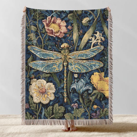 Dragonfly Woven Blanket, William Morris Inspired Wall Tapestry, Cottagcore Dragon Fly Throw Blanket, Botanical Art Woven Throw Xmas Gift