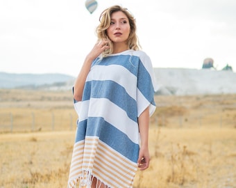 Women Beach Dress, Turkish Cotton Poncho, Beach Towel, West Coast Rugged, Orange Blue White Towel, Gift For Women, Bridesmaids Gift, Hoody