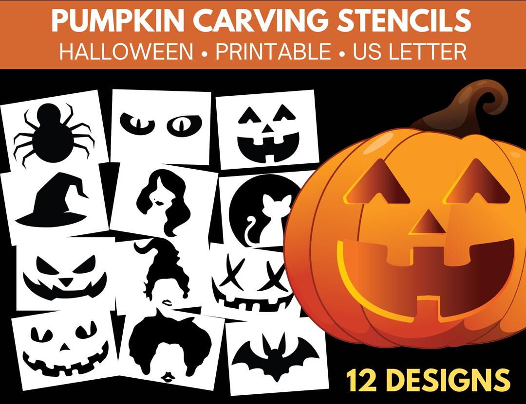 12-kid-friendly-printable-halloween-pumpkin-carving-stencils-jack-o-lantern-faces-witches-cat-spider-bat-perfect-for-beginners-easy-etsy
