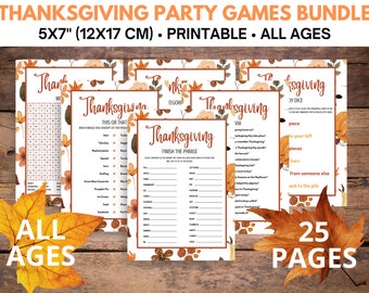 May include: A set of printable Thanksgiving party games for all ages. The games include a word search, a "This or That" game, a "Finish the Phrase" game, and a "Thanksgiving Via" game. The games are decorated with autumn leaves and acorns. The games are 5x7 inches (12x17 cm) and there are 25 pages in total.