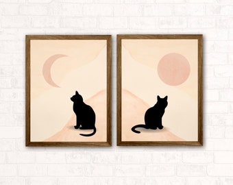DIGITAL PRINT, cat sun and moon, wall art, printable art, digital illustration