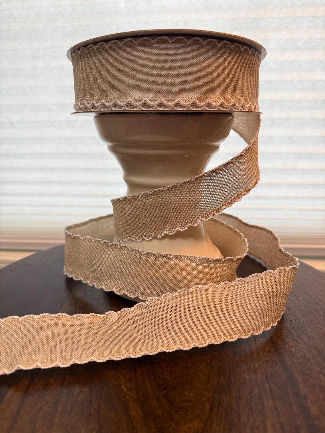 Designer Tan Ribbon With White Scalloped Edge-neutral Cottagecore Wired ...