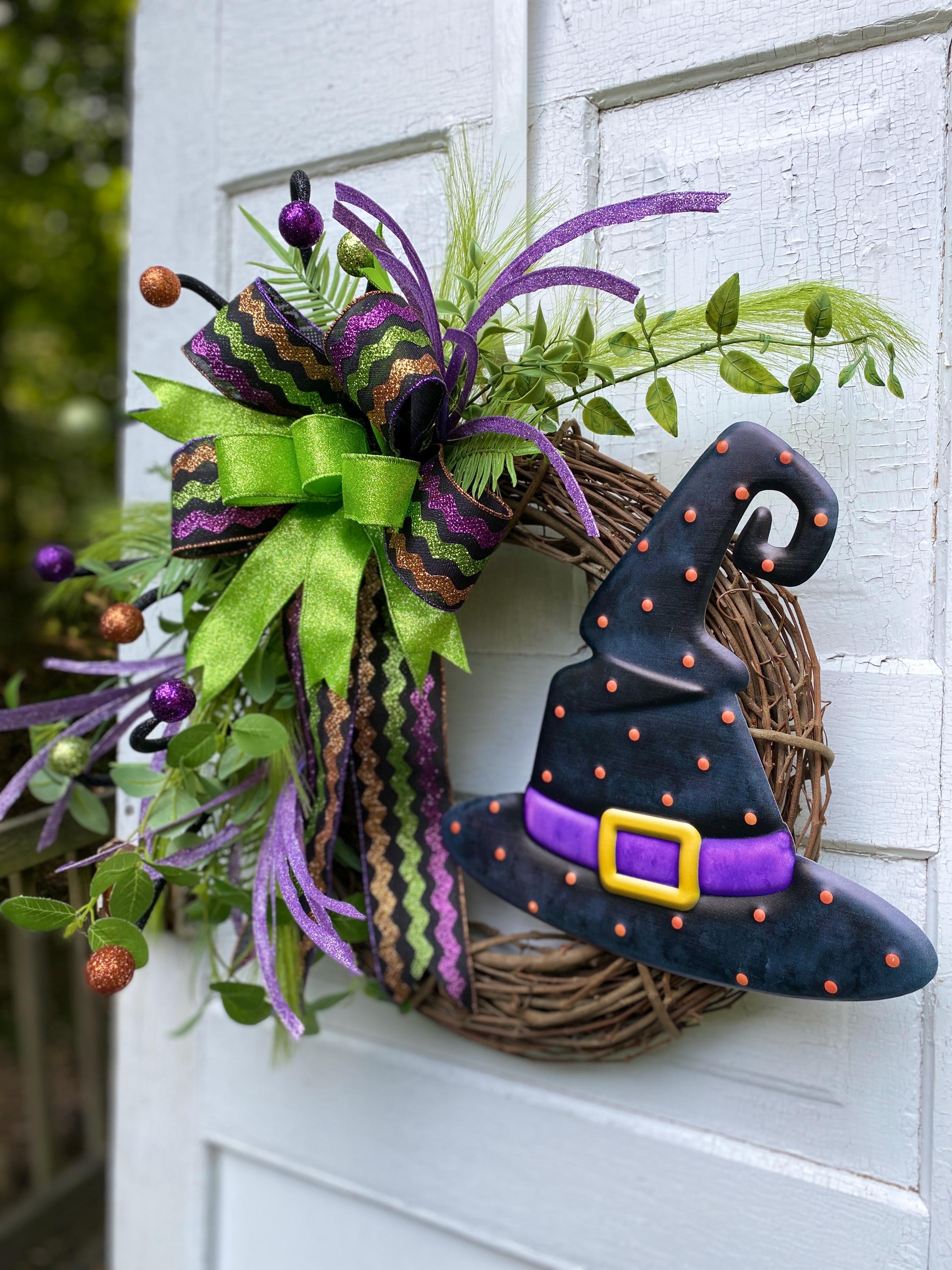 Whimsical Halloween Witch Grapevine Wreath for Front Door Bright and ...