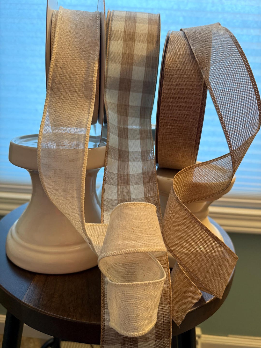 Designer Neutral Wired Ribbon Bundle: Cream and Tan Plaid, Cream, and ...