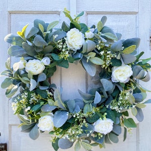 Lambs Ear and Eucalyptus Wreath With White Cabbage Roses and Baby’s ...