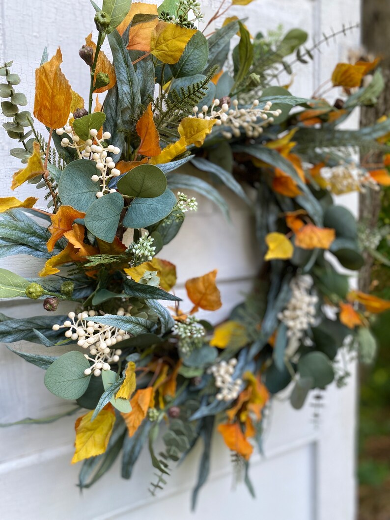 Fall Eucalyptus Wreath With Fall Foliage and Cream Berries, Autumn Door ...