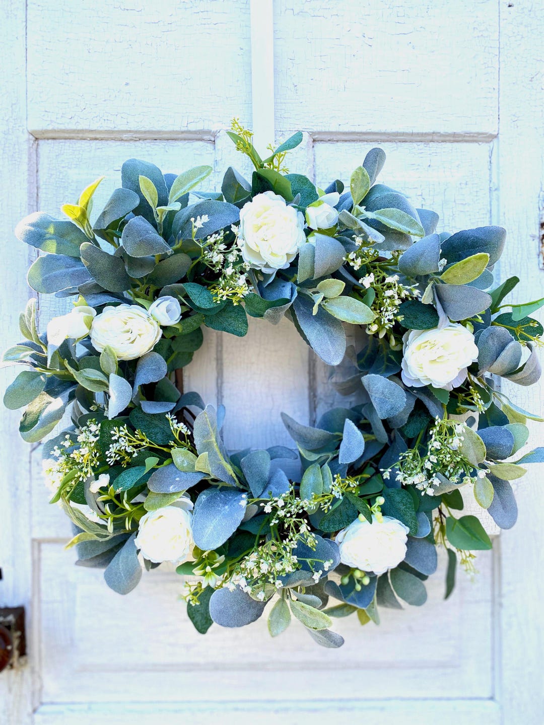 Lambs Ear and Eucalyptus Wreath With White Cabbage Roses and Baby’s ...