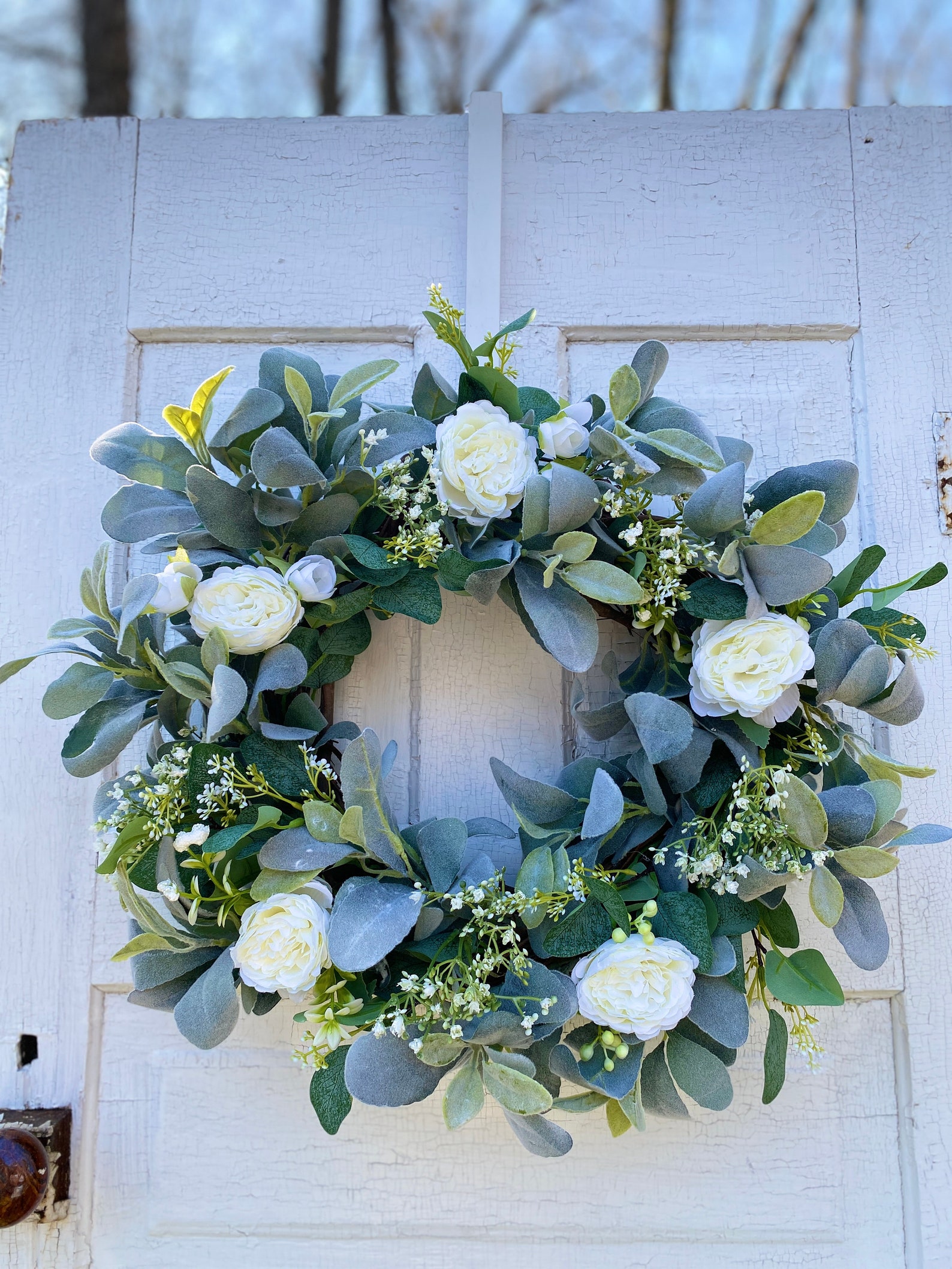 Lambs Ear and Eucalyptus Wreath With White Cabbage Roses and Baby’s ...