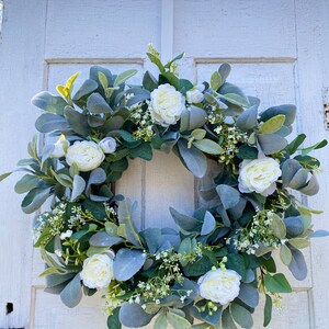 Lambs Ear and Eucalyptus Wreath With White Cabbage Roses and Baby’s ...