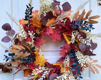 Fall wreath in vibrant colors with a variety of autumn leaves, berries and grasses for your front door decor  Thanksgiving gift for Grandma