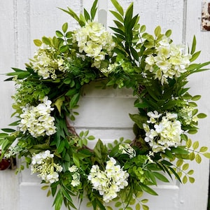Summer Floral Wreath with White Hydrangeas, Greenery Wreath for Front Door, Modern Farmhouse Decor, Year Round Wreath, Housewarming Gift