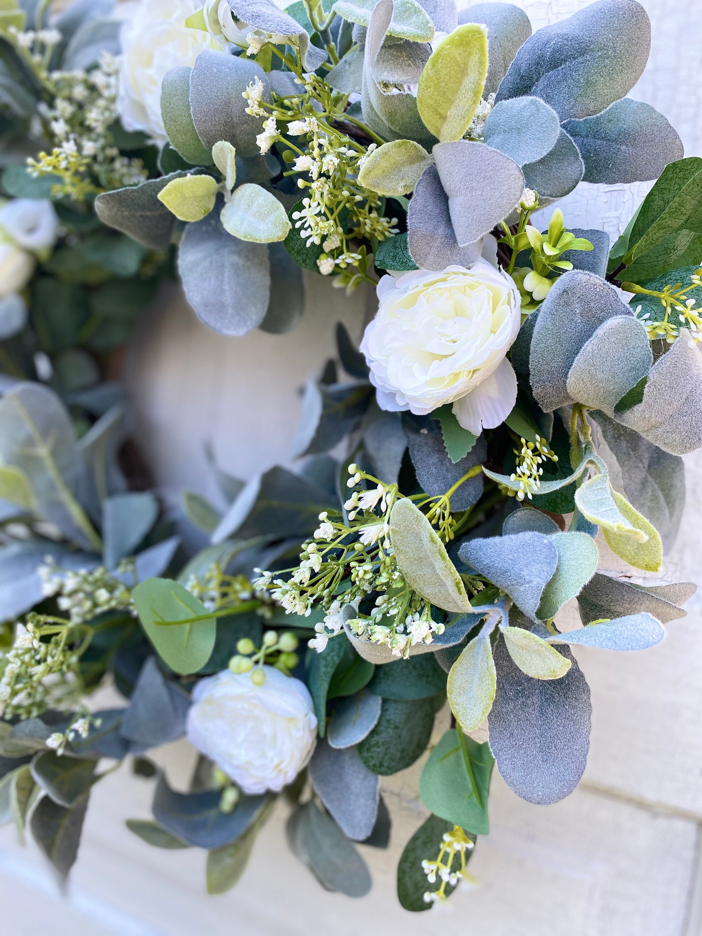 Lambs Ear and Eucalyptus Wreath With White Cabbage Roses and Baby’s ...