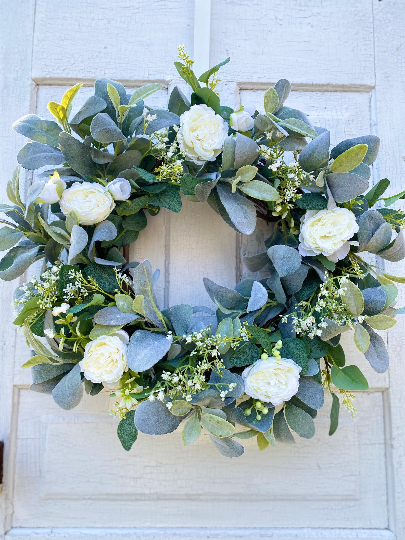 Lambs Ear and Eucalyptus Wreath With White Cabbage Roses and Baby’s ...