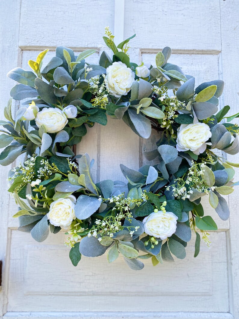 Lambs Ear and Eucalyptus Wreath With White Cabbage Roses and Baby’s ...