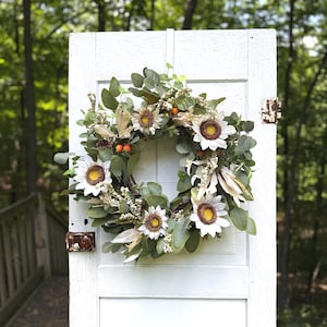 White Sunflower Summer and Fall Wreath for Front Door Autumn decor for entryway Large Sunflower wreath 24 inches round and 6 inches deep