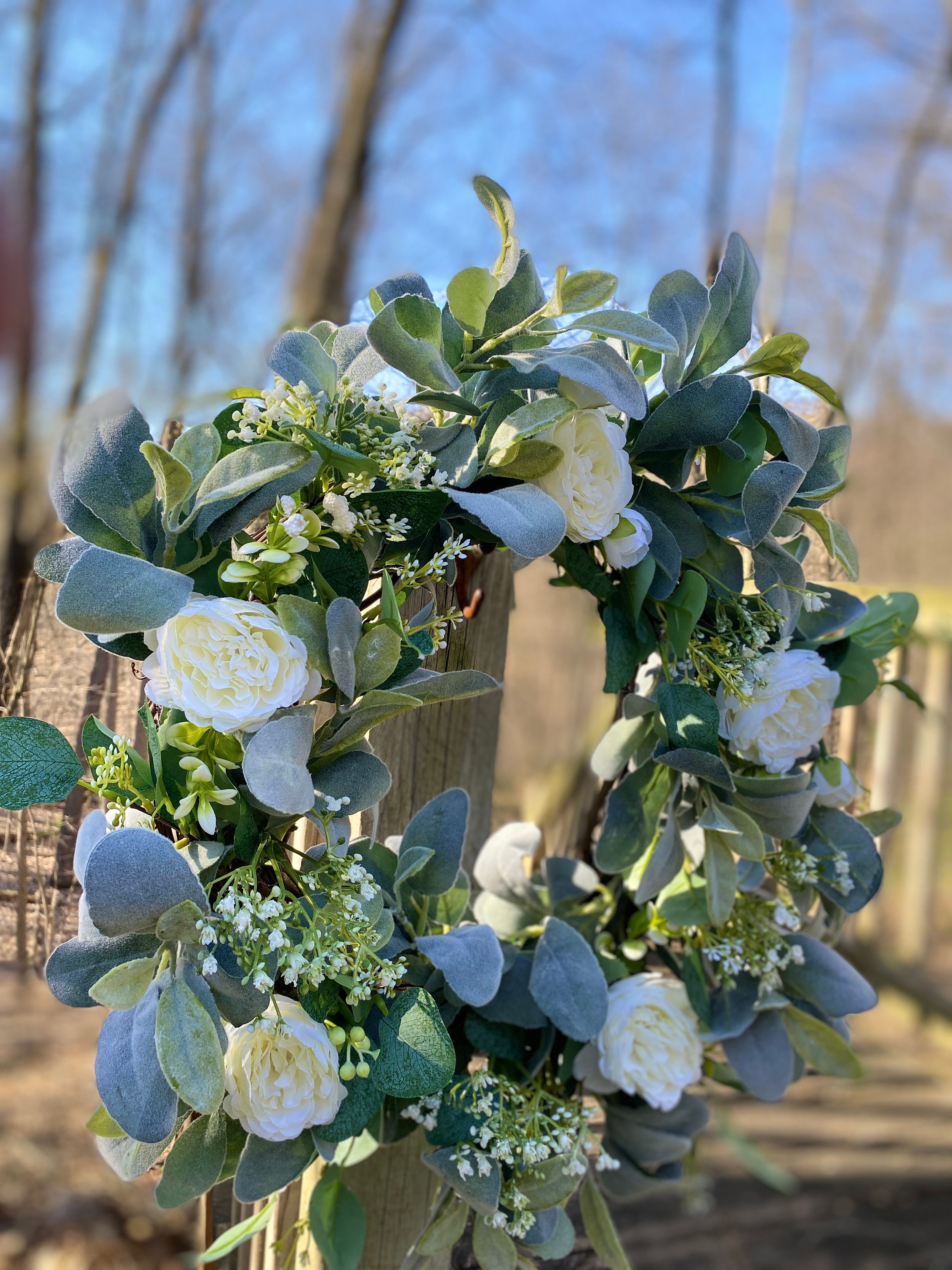 Lambs Ear and Eucalyptus Wreath With White Cabbage Roses and Baby’s ...