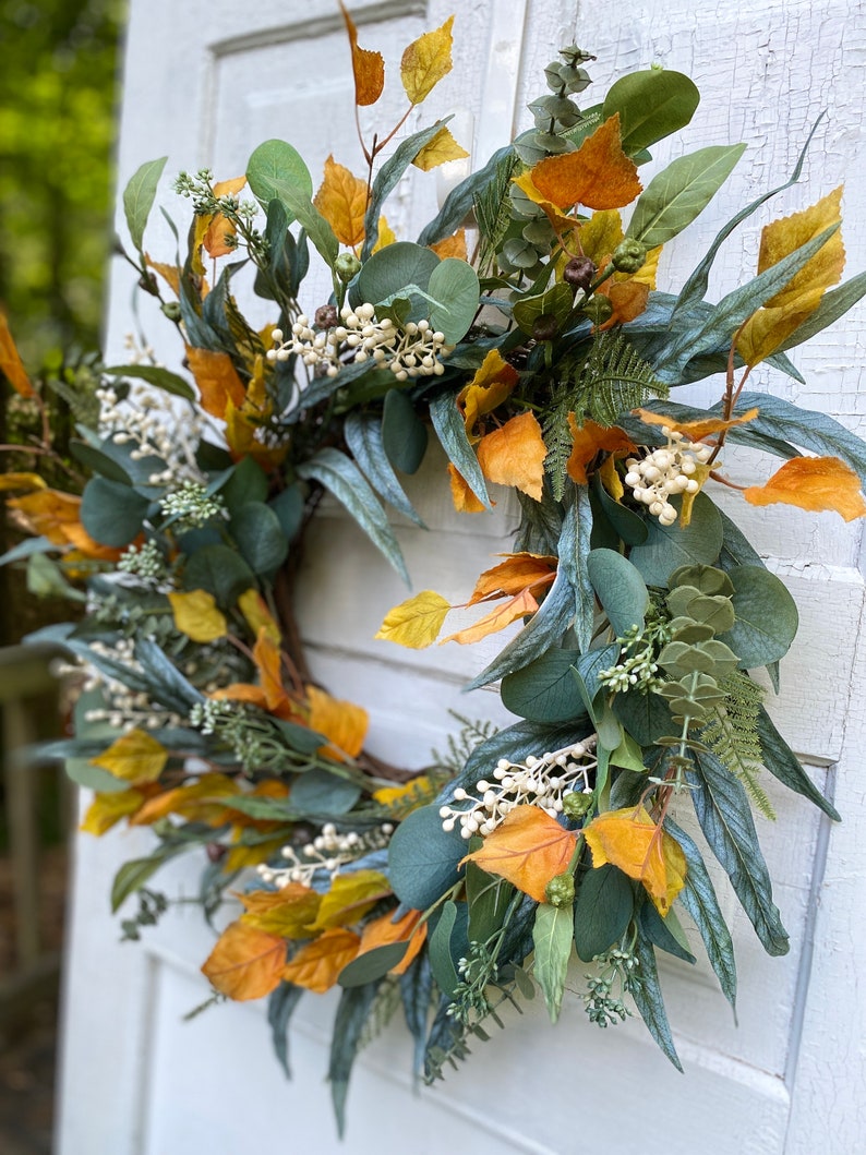 Fall Eucalyptus Wreath With Fall Foliage and Cream Berries, Autumn Door ...