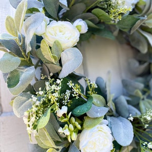 Lambs Ear and Eucalyptus Wreath With White Cabbage Roses and Baby’s ...