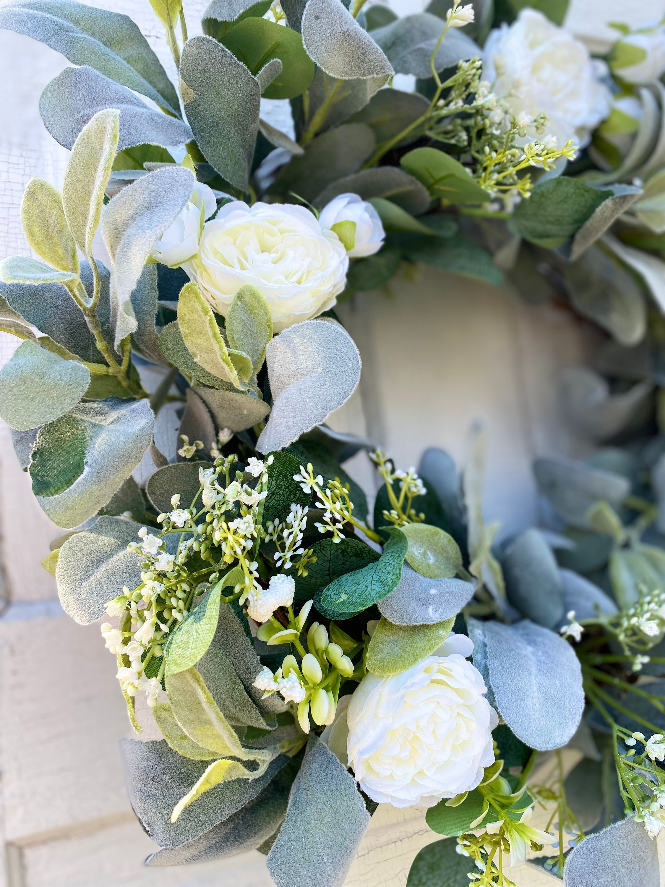 Lambs Ear and Eucalyptus Wreath With White Cabbage Roses and Baby’s ...