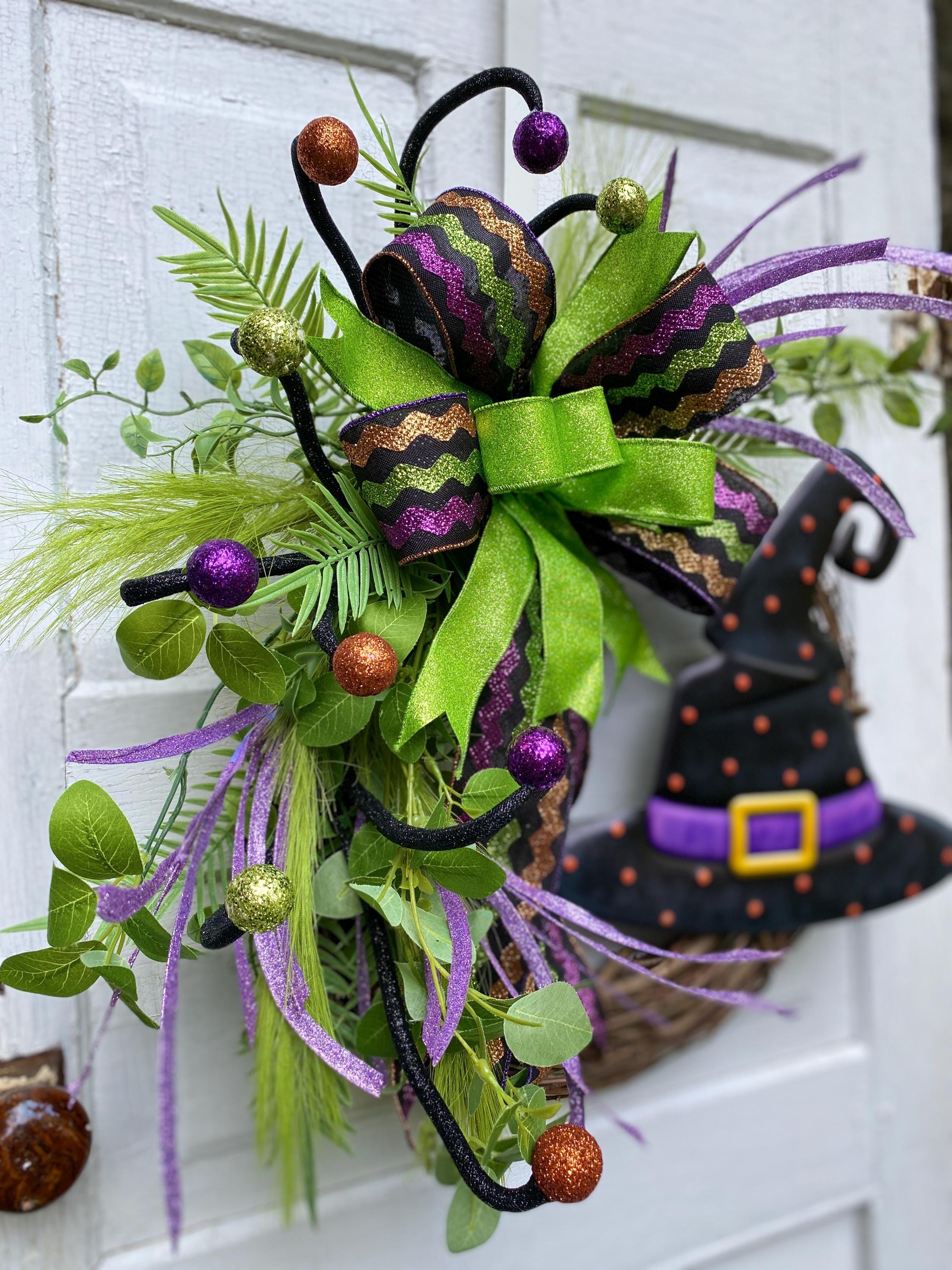 Whimsical Halloween Witch Grapevine Wreath for Front Door Bright and ...