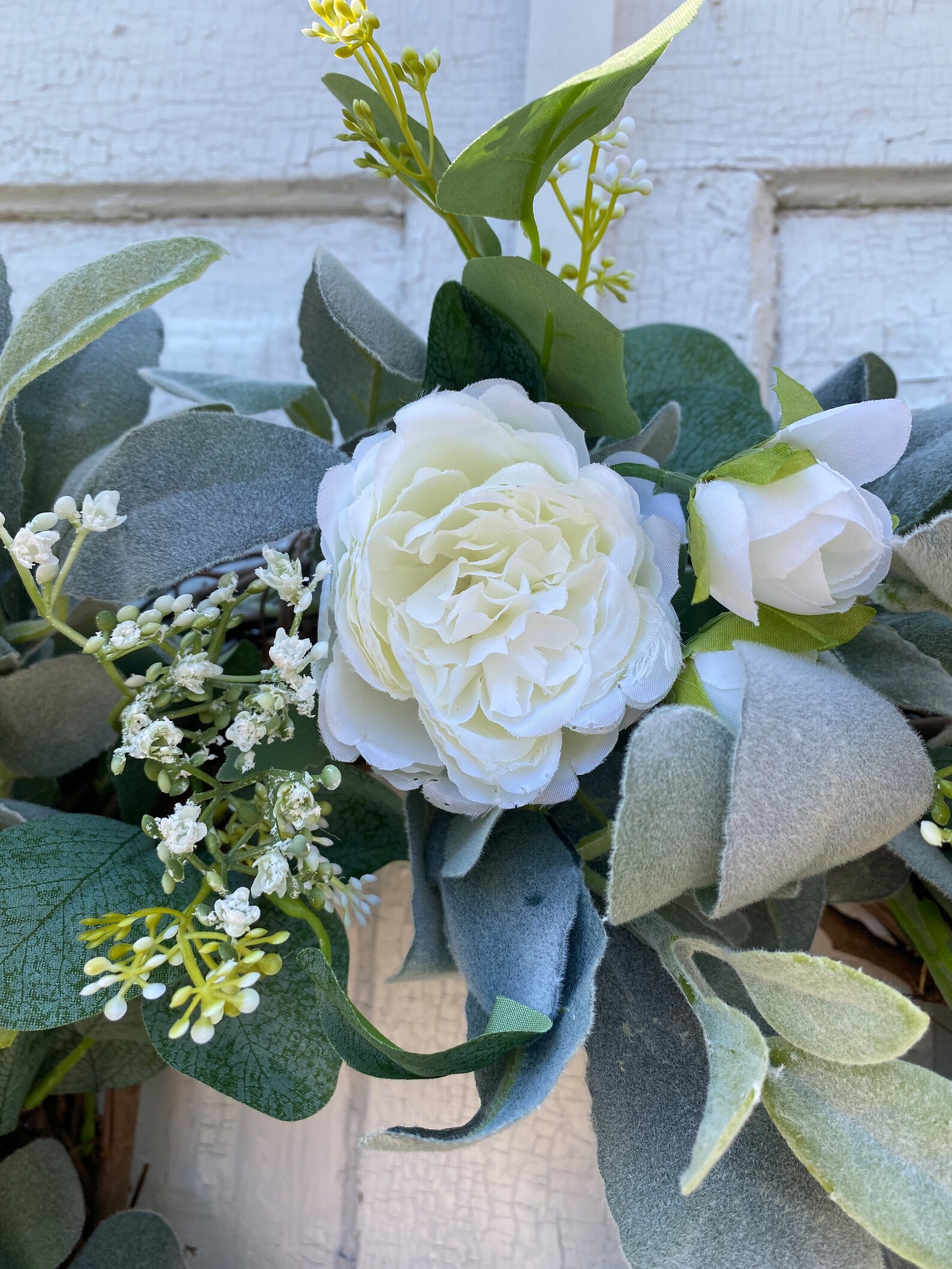 Lambs Ear and Eucalyptus Wreath With White Cabbage Roses and Baby’s ...