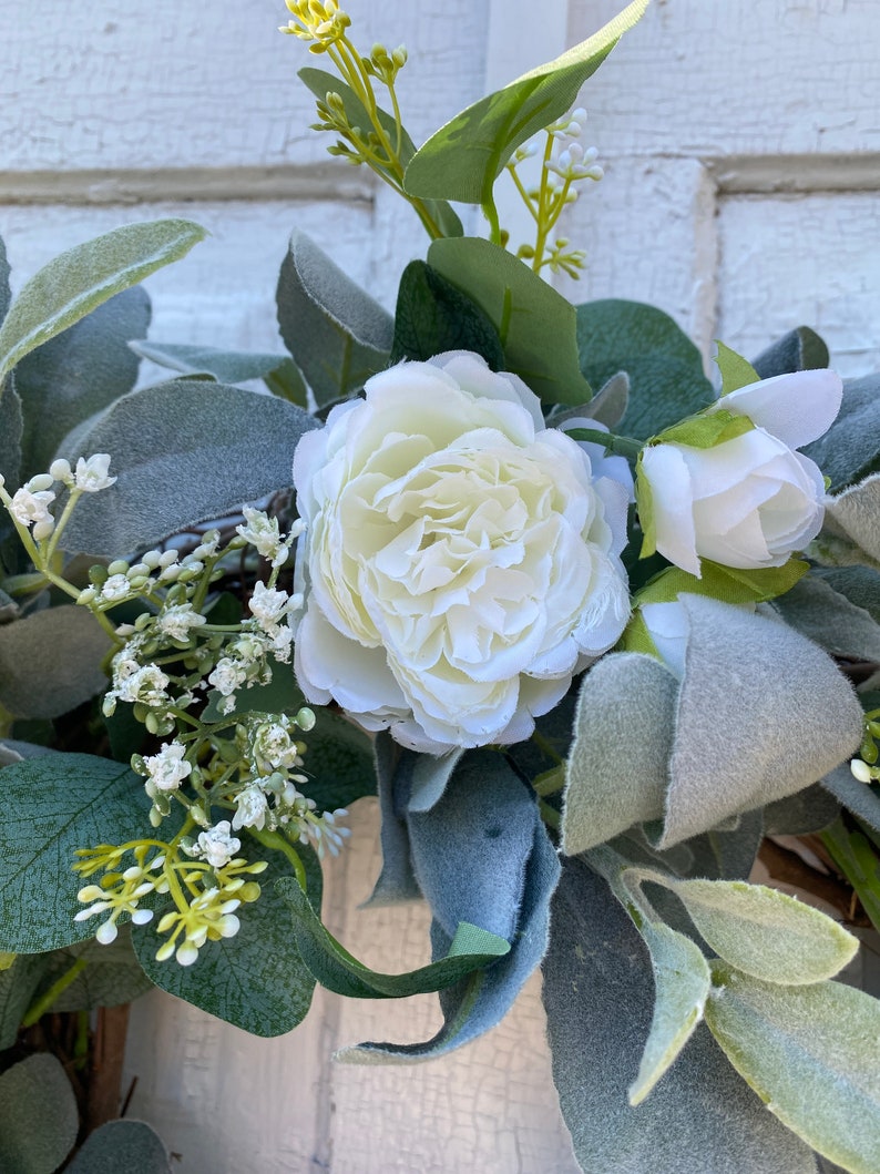 Lambs Ear and Eucalyptus Wreath With White Cabbage Roses and Baby’s ...