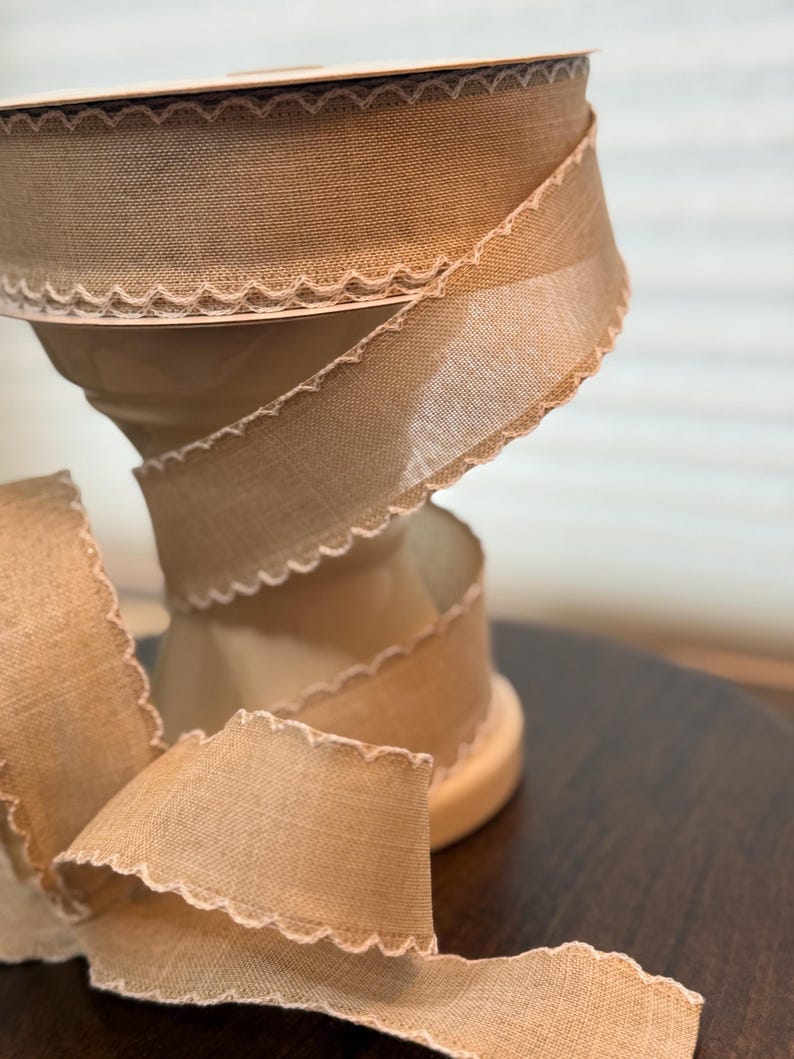 Designer Tan Ribbon With White Scalloped Edge-neutral Cottagecore Wired ...