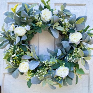 Lambs Ear and Eucalyptus Wreath With White Cabbage Roses and Baby’s ...