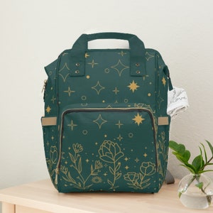 Celestial Diaper Bag, Diaper Backpack, Zodiac, Blue/Teal Diaper Bag, Gender Neutral Diaper Bag, Edgy Diaper Bag, Green Diaper Bag, Floral