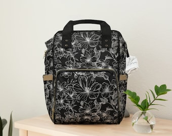 Floral Diaper Bag, Diaper Backpack, Vintage Floral, Black Diaper Bag, Gender Neutral Diaper Bag, Edgy Diaper Bag, Gothic Diaper Bag