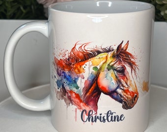 Gepersonaliseerde paardenbeker, mok. 11oz, aquarelkunstpaard met elke naam Verjaardagscadeau. Paardensport, ruiter cadeau