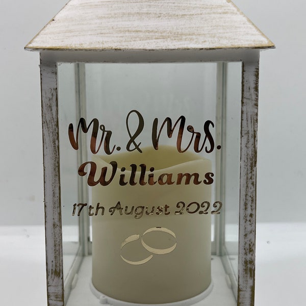 Personalised Wedding lantern. , Anniversary, led candle. Brushed gold. Wedding gift. Keep sake. Name and dates or any personalised words